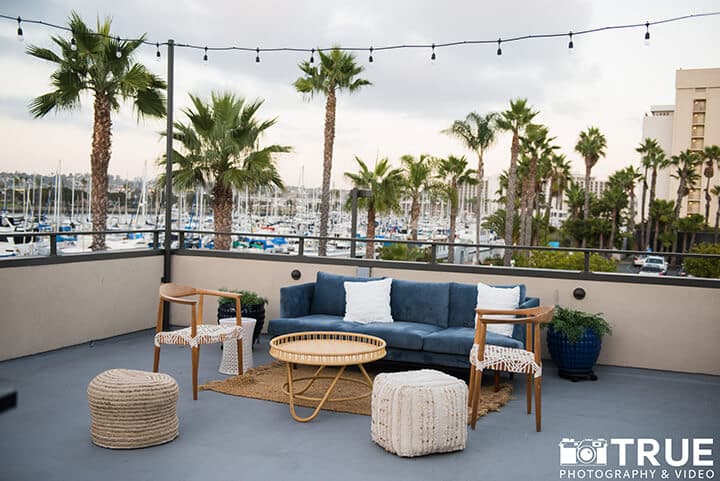 Intimate outdoor patio at Harbor View Loft with San Diego Bay backdrop
